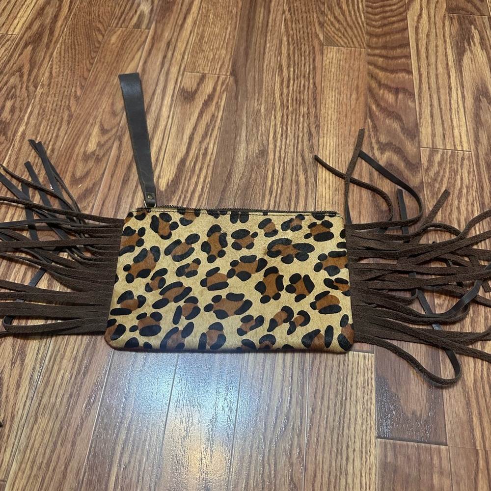 L&B Leopard Print Clutch with Brown Fringe,